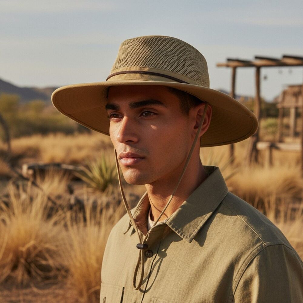 DORFMAN PACIFIC HEADWEAR OUTDOOR SAFARI STYLE MESH HAT TAN W/LEATHER STRAP MED